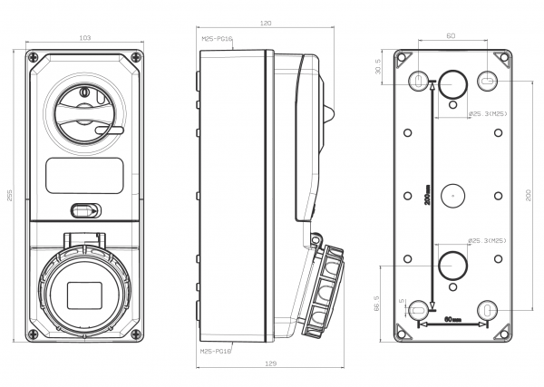 CEE Schaltersteckdose 5x16A IP65 inkl. Sicherung mit Interlock abschaltbar